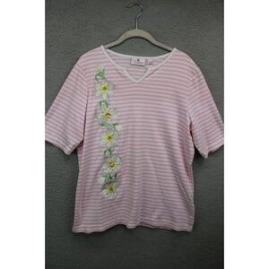 Quacker Factory Floral Rhinestones Embroidered Striped Tunic-Large-Cottagecore